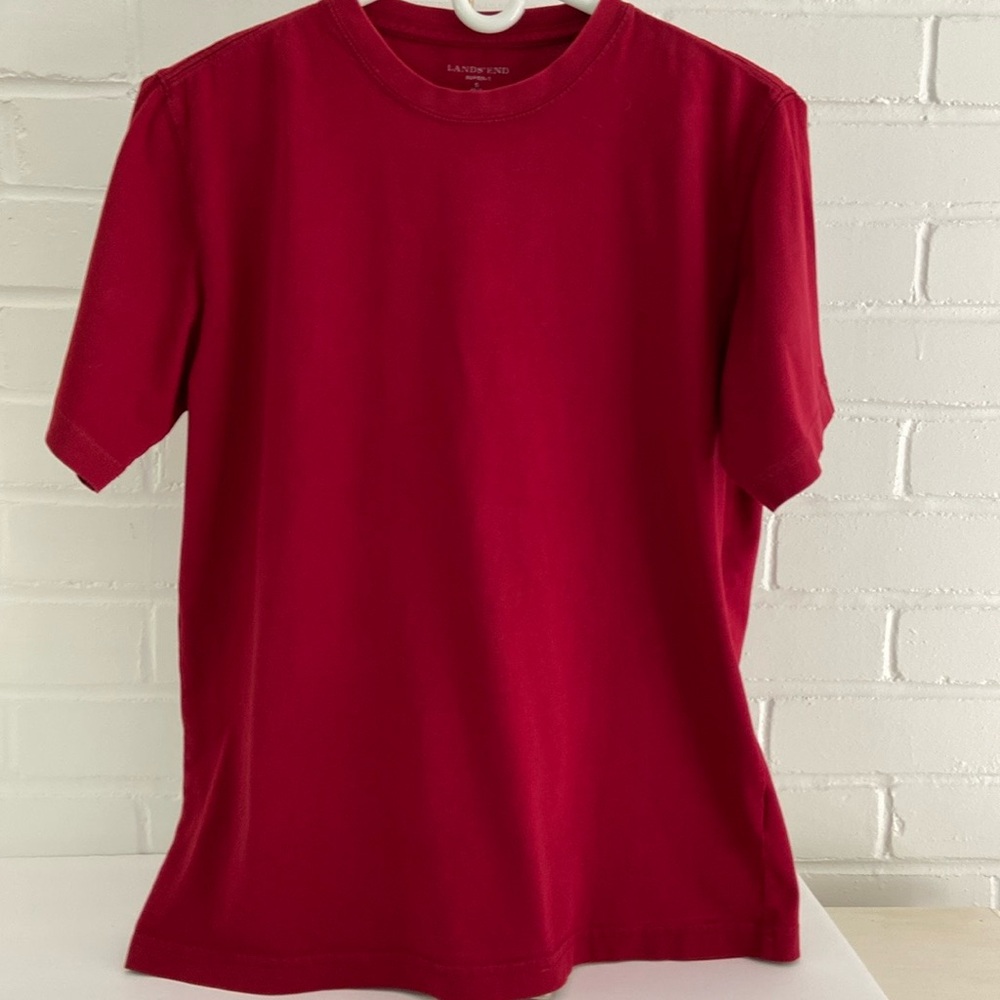 Basic Classic Simple Mens Lands’ End Red Cotton Short Sleeve T-Shirt Size S